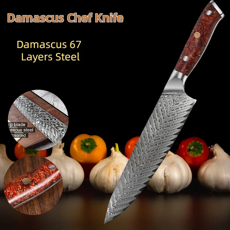 

67-story Damascus Steel Chef's Knife With Red Handle Vg10 Steel Super Sharp Meat Cleaver Empty Rice Husk Handle Damascus Knife