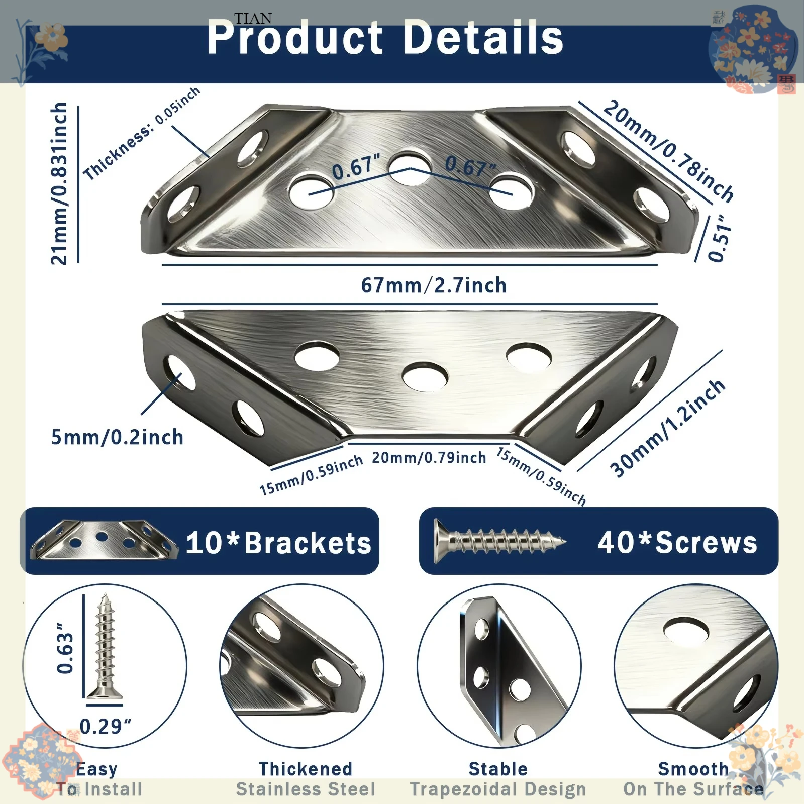 Stainless Steel Corner Brace 90 Degree Right Angle Bracket with Screws, Heavy Duty Corner Reinforcer for Furniture DIY Hardware