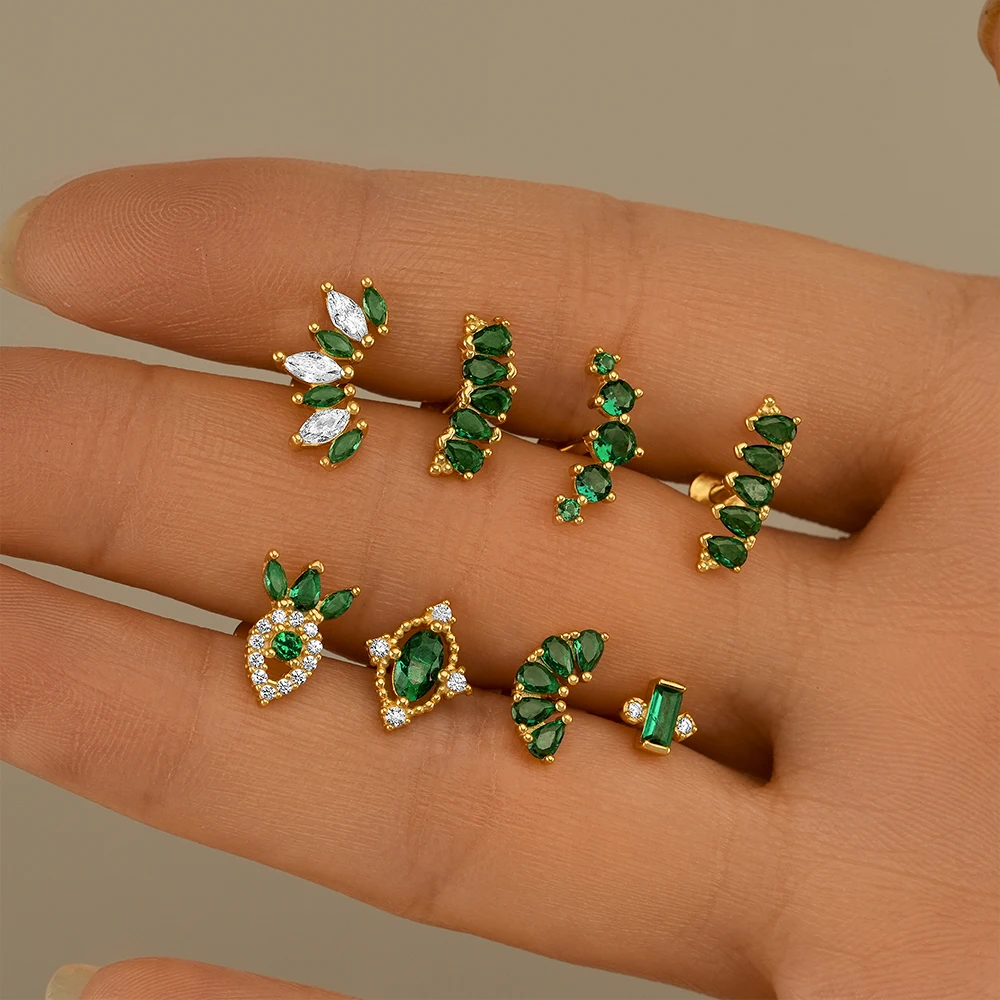 CANNER 1PC 925 Sterling Silver Green Horse Eye Zircon Crown Cartilage Piercing Stud Earring For Women Ins Puncture Earring Gift