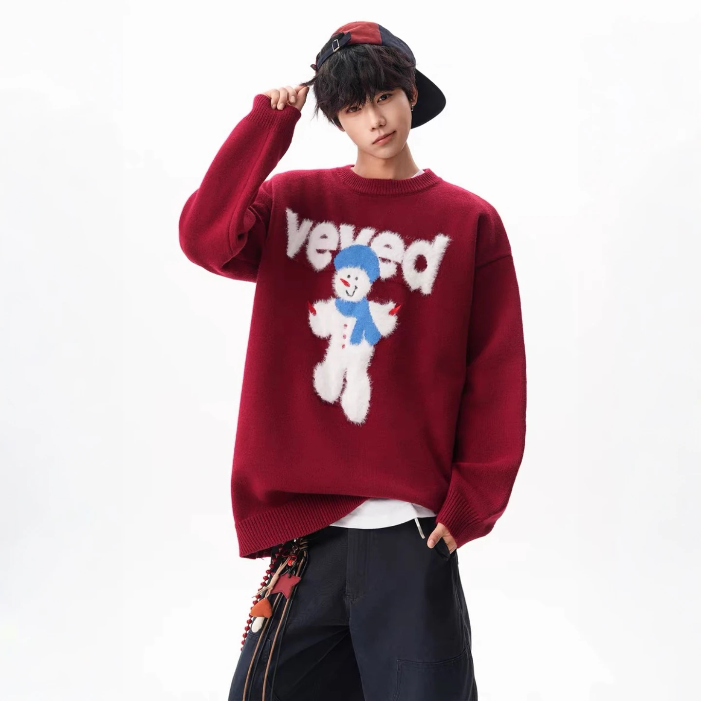 

Cisas Snowman Knitted Sweater round Ne Warm Casual Loose Fit ex Tearable Patterned Couple's Sweater American Sle