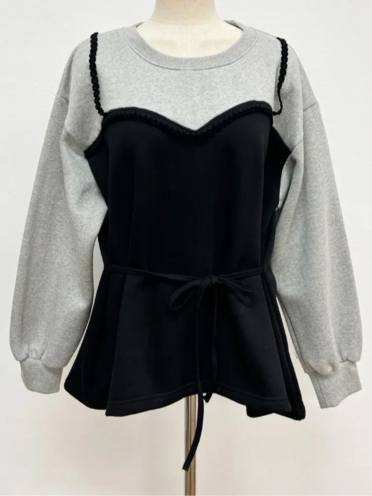 Retro Briti Outono Inverno Fce Forrado Dstring Cintura Longa Sve Suéter de Malha com Capuz para Mulheres Jovens