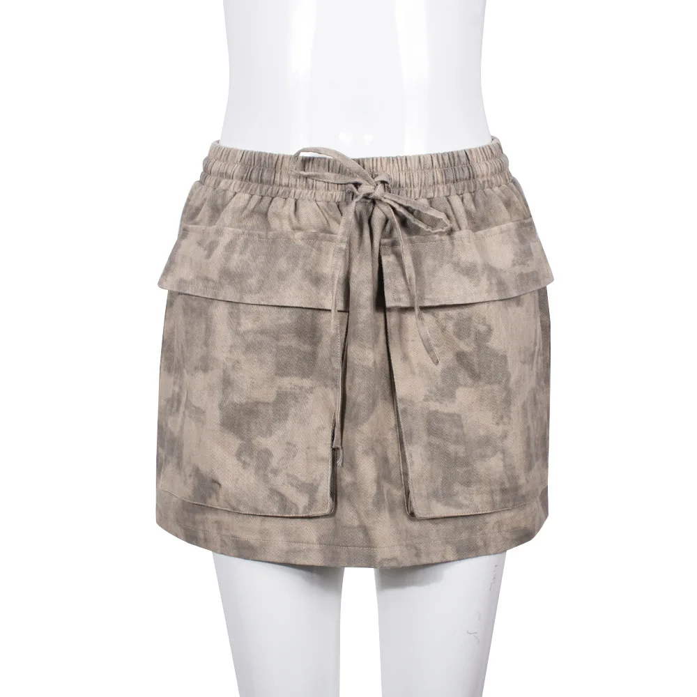 Lw Camo Print Trekkoord Rok Camouflage Bodycon Rok Vrouwen Elastische Hoge Taille Schuine Zakken Rok Hiphop Mini Rokken