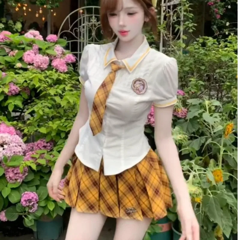 

American College Style JK Two Piece Set Women Fit Chic Tops + Plaid Pleated Skirt New Sweet Fashion Hot Chick Summer Outfit 2025