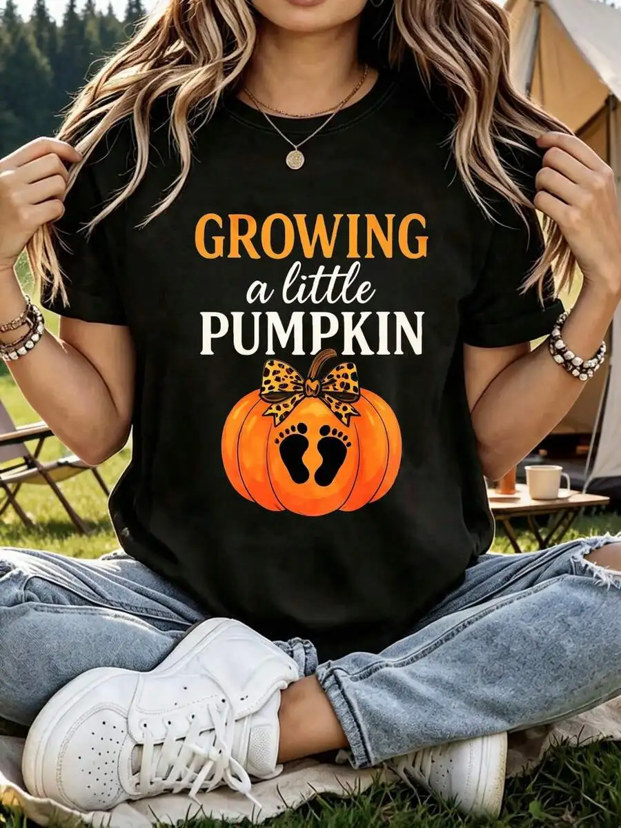 Growing A Little Pumpkin, Casual Streetwear, Women Regular Short Sleeve T-Shirt, Soft Cotton Blend Digital Print, Orange Pumpkin With Leopard Bow And