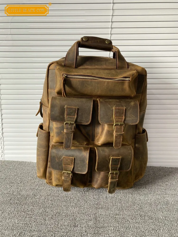 

Мужской винтажный рюкзак из натуральной кожи с несколькими карманами, повседневная сумка для ноутбука, большая вместительная сумка из воловьей кожи, мотоциклетные рюкзаки для мужчин