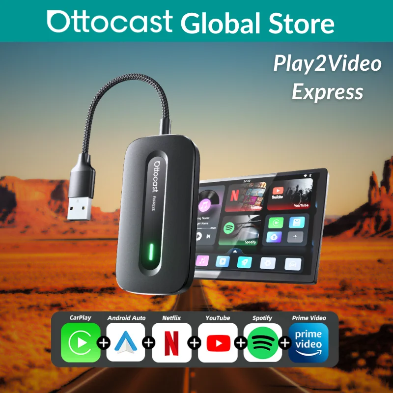 Ottocast Play2Video Express Android 12 AI Box Wireless CarPlay Android Auto Netflix YouTube Video Streaming Adapter For Audi Kia