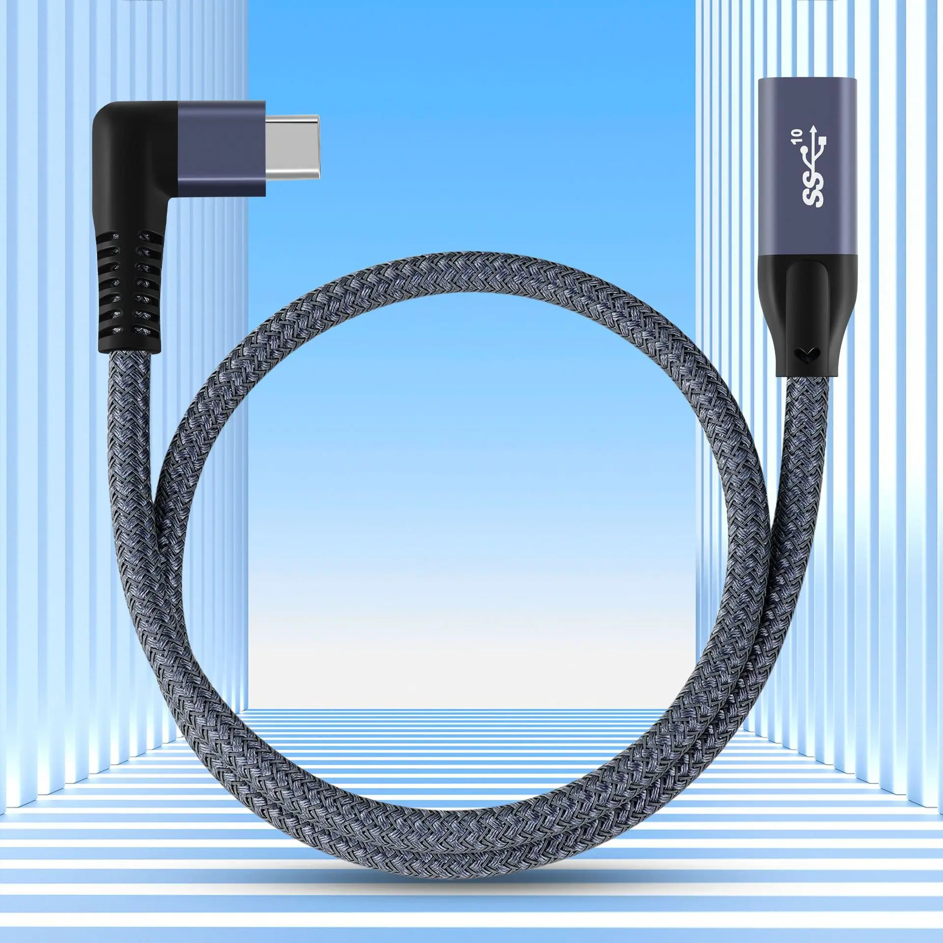 Nku 90 Degree Right Angle USB 3.2 10/20Gb Type-C Data Cable 4K@60Hz 5A 100W QC PD Charging Nylon Braid Cord for PC Mobile Phone