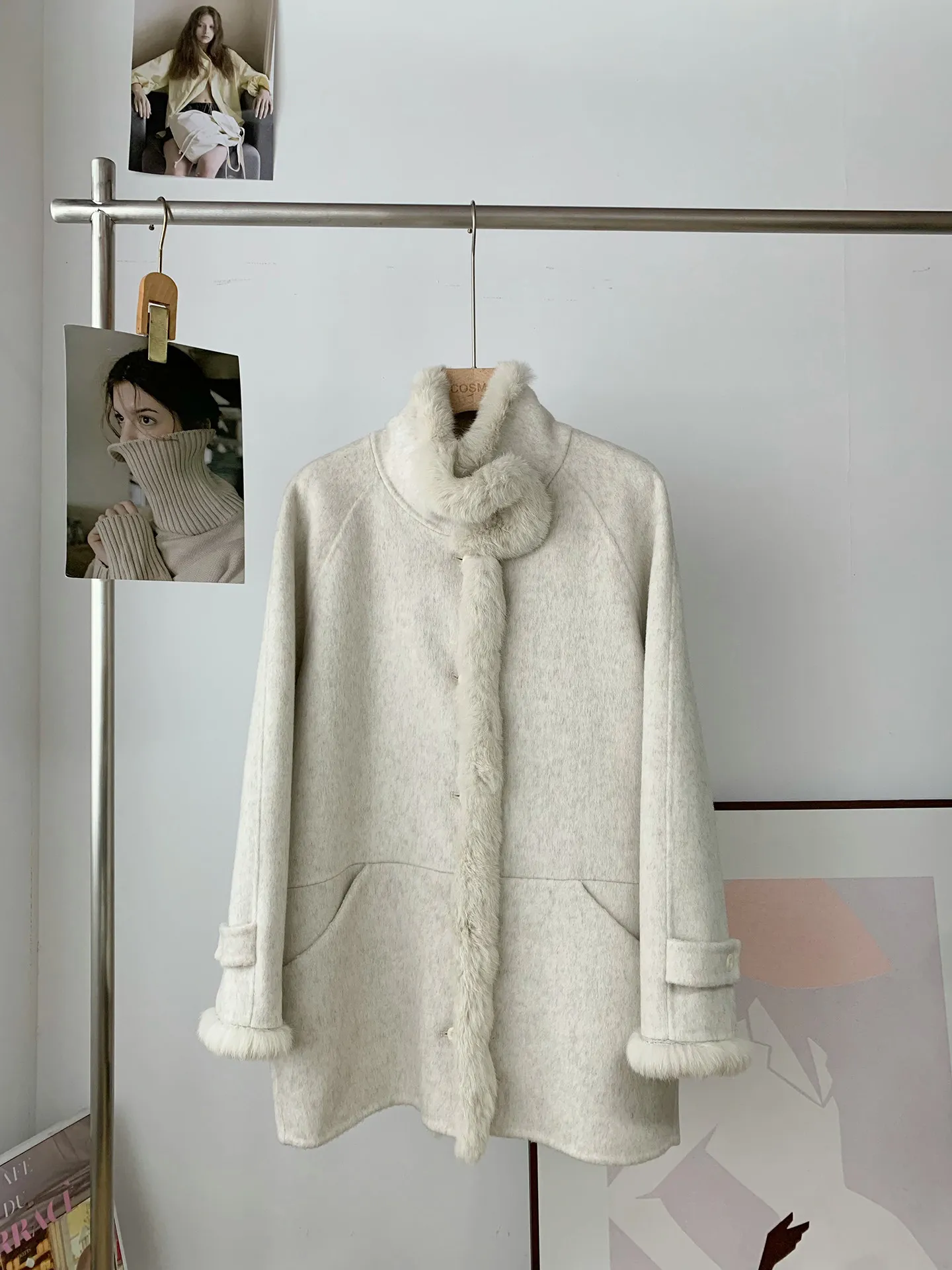 New Arrival 2026 Winter Womens Mid Length Loose Double Face Wool Coat Rabbit Fur Spliced Stand Collar Woolen Outerwear Hand Sewn