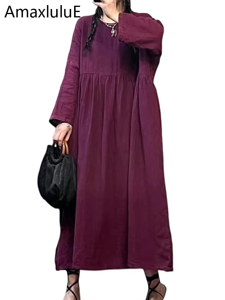

AmaxluluE 2025 Summer Womens Big Size Fashion Dress Loose Casual O Neck Long Clothes Ladies Elegant Luxury Cotton Linen Vestidos
