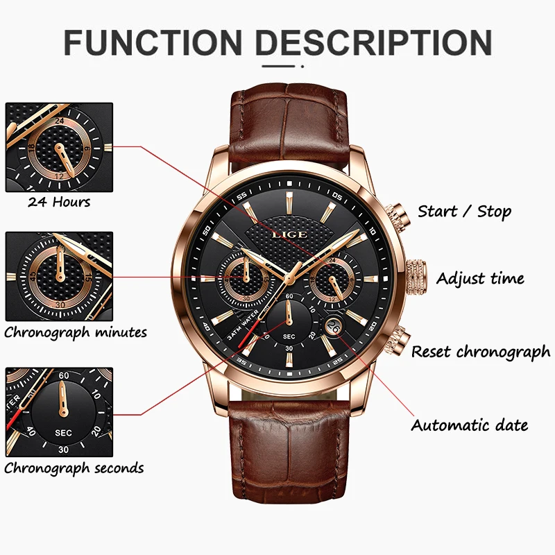 LIGE Brand Watches Men Luxury Casual Leather Quartz Mens Watch Business Wristwatch Male Sports Waterproof Date Chronograph Clock