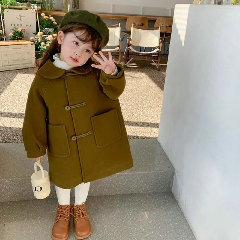 Girls Warm Woolen Coat 2023 New Winter Girls Tweed Outerwear Kids Long Overcoat Autumn Fashion Loose Fitting Jackets 2-6 Years