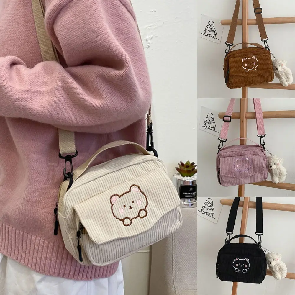 Personalized Cute Bear Embroidered Diagonal Shoulder Bag, Corduroy Leisure Bag, WOMEN'S Crossbody Bag Girl Canvas Bag