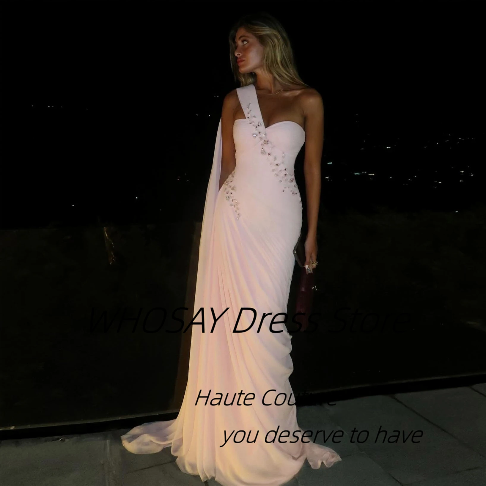 WHOSAY Pick Ups Chiffon Prom Dresses with Flutters One Shoulder Evening Gowns Beaded Wedding Party Special Dress Customized