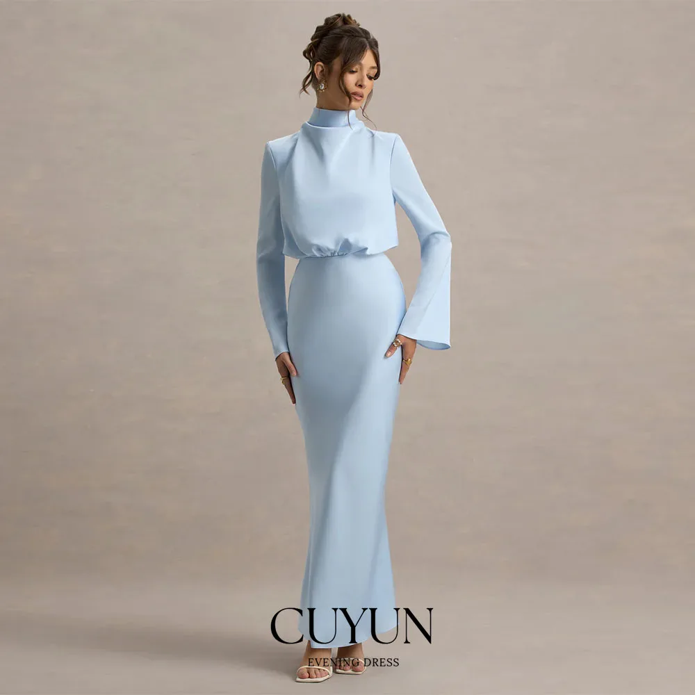 

CUYUN Customized Sky Blue Wedding Party Dress Guest High Collar Long Sleeves Formal Dinner Gown Floor-Length Women Dresses