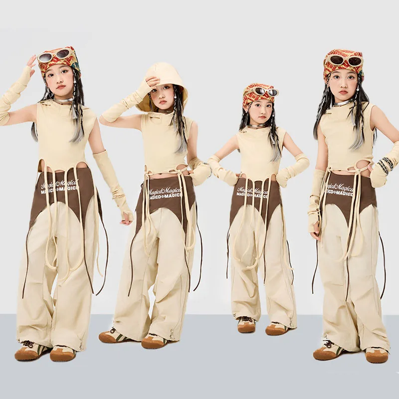

Kid Kpop Hip Hop Clothing Lace up Hoodie Crop Tank Top Casual Wide Leg Parachute Pants for Girl Jazz Dance Wear Costumes Clothes
