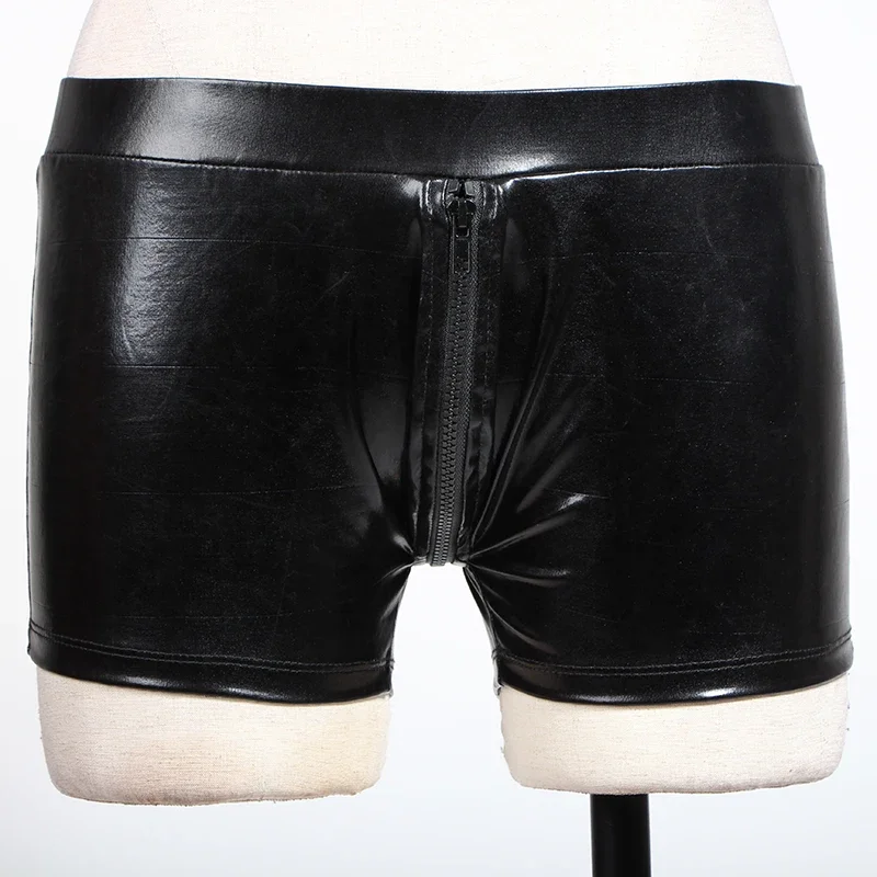 

Men Leather Wetlook Boxer Shorts Clubwear Gay Underwear Front Zipper to Crotch Erotic Boxershorts Men Lingerie Leather Underwear