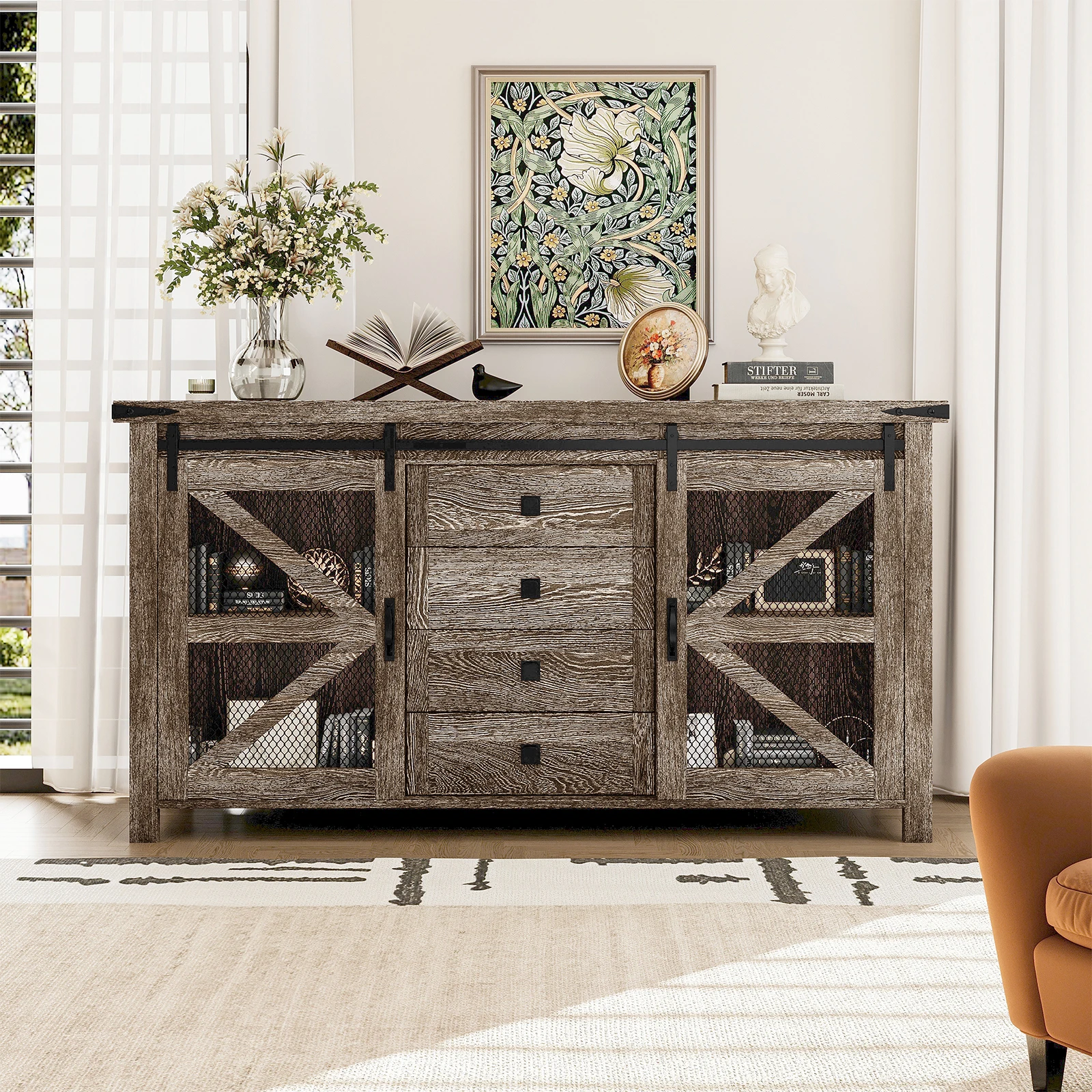 Wooden Side Cabinet Sideboard with Doors Cutlery Storage Cabinet with Drawers Wood TV Cabinet Vintage Iron Mesh Door Cabinet