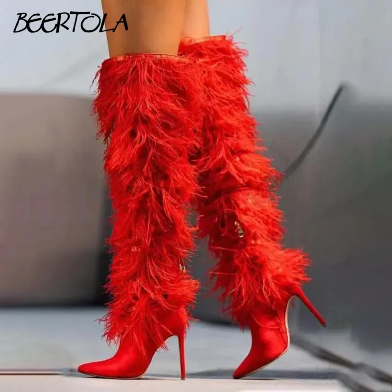 

Fluffy Fur Catwalk Boots Pointed Toe Stiletto Sleeve Large Size Knee-High Boots Fashionable Personality Banquet Women's Boots