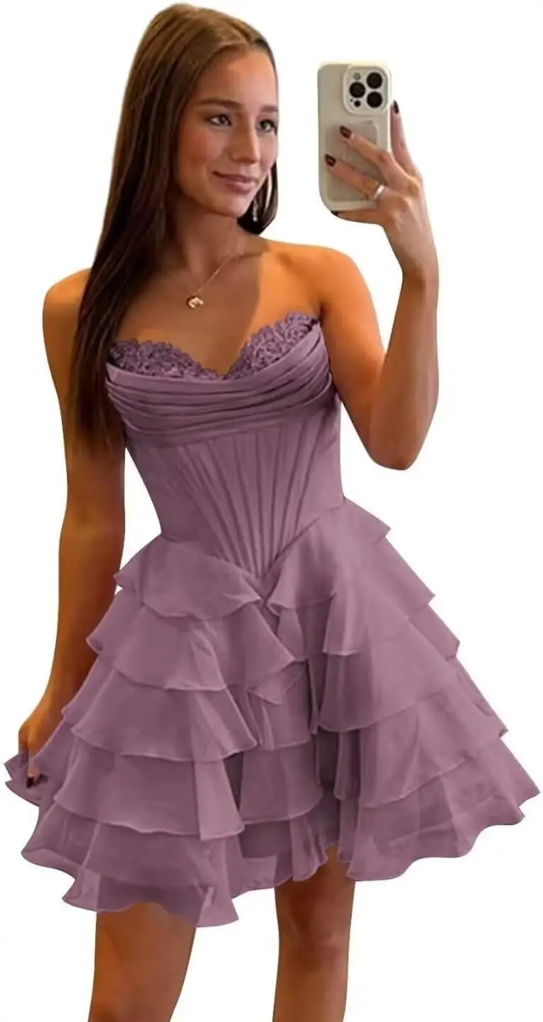 

Tiered Floral Homecoming Dresses for Teens Short Strapless Chiffon Prom Dress Corset Cocktail Party Gowns Homecoming Dresses
