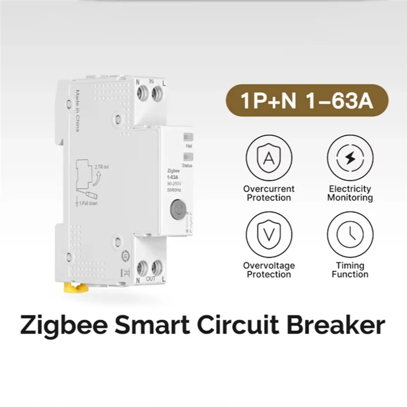 Tuya Zigbee Pemutus Sirkuit Pintar 63A Monitor Listrik Tahan Api Set Ambang Alarm Tahan Kontrol Aplikasi V0