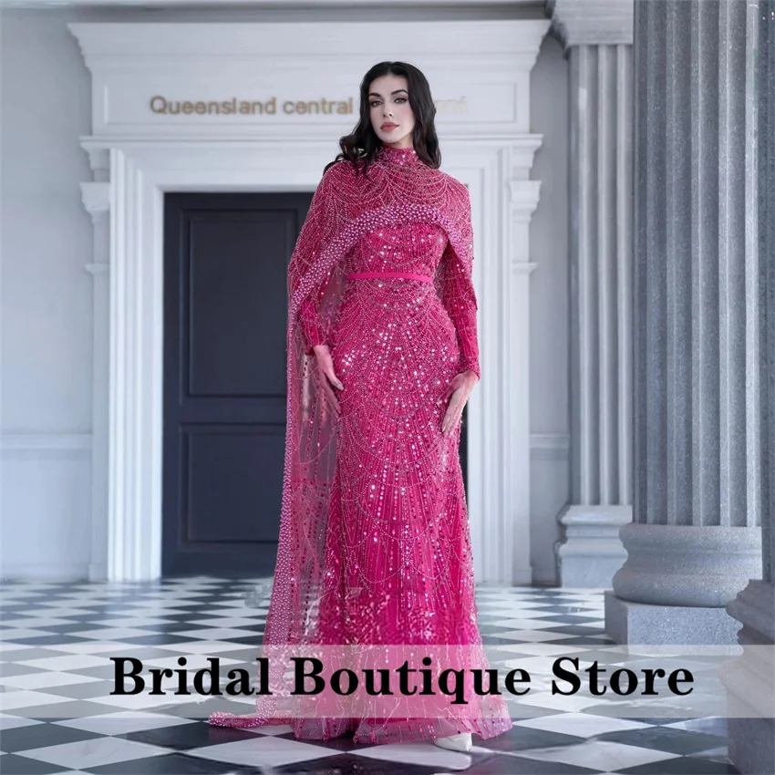 

Pink Evening Dresses With Cape Bead Crystals Gems Wedding Party Dress For Special Occasions Prom Gown Customized