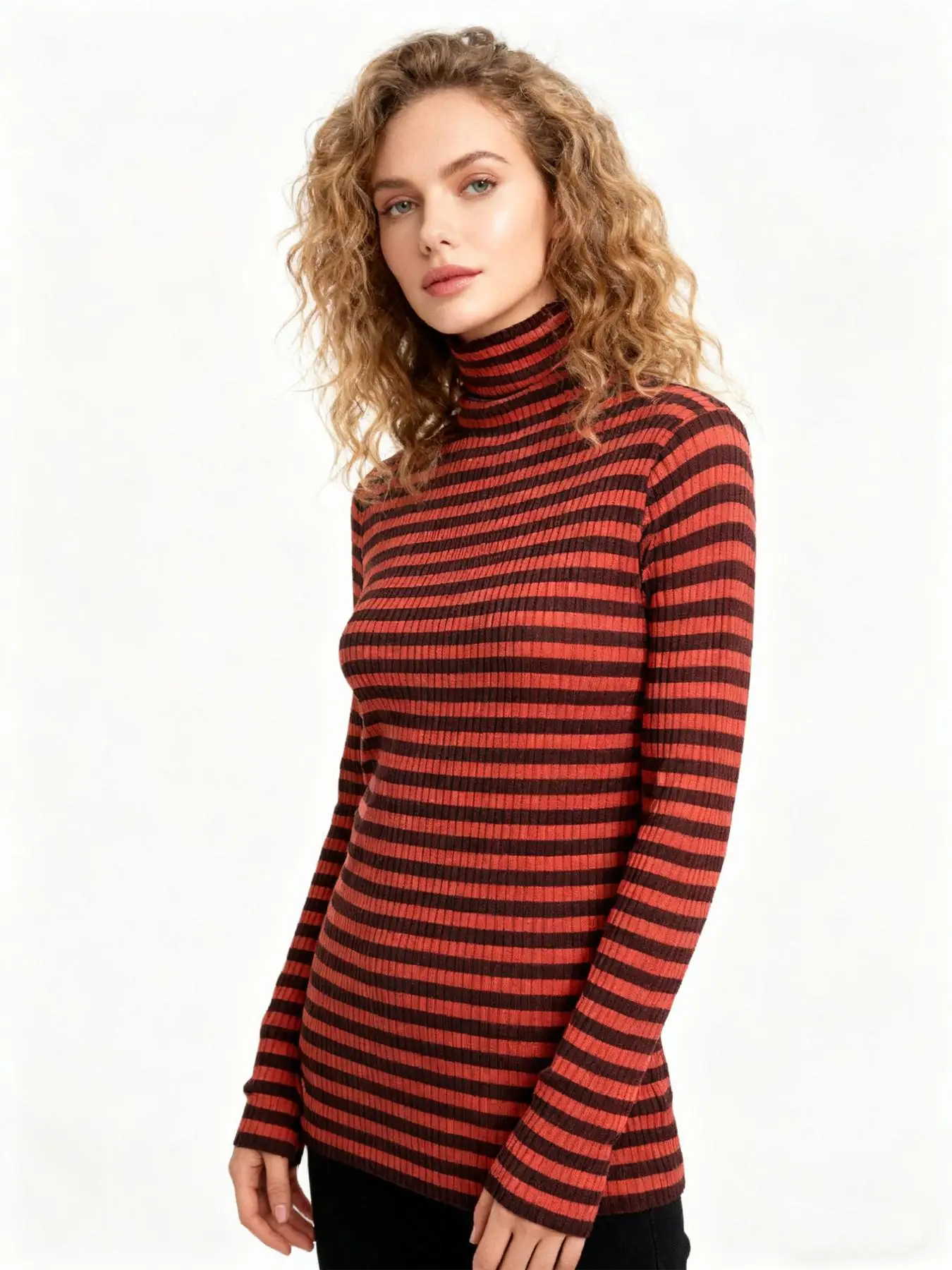 NEW AUTUMN WINTER WOMEN'S SLIM FIT BASE TOP, COLOR BLOCK STRIPE DESIGN, TURTLENECK ELEGANT LUXURY KNIT SWEATER
