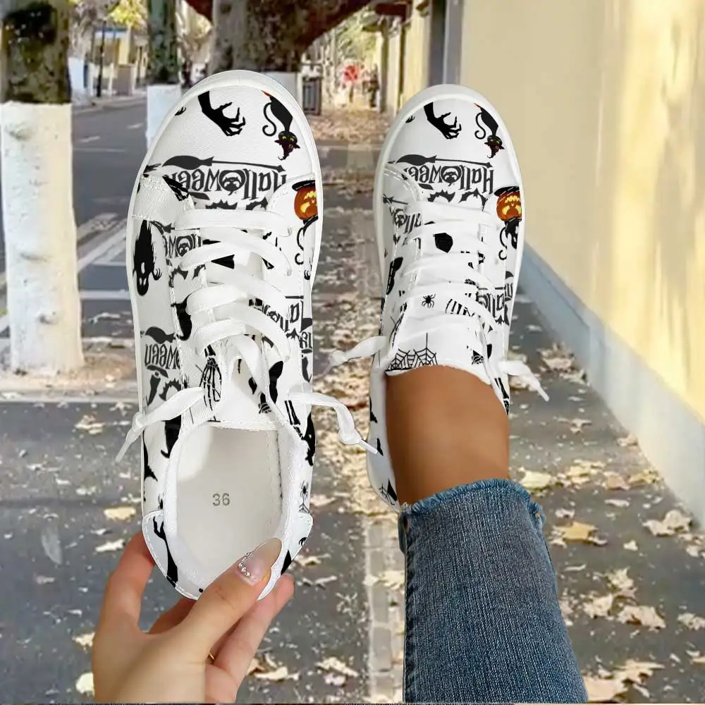 Classic Halloween Lace‑Up Sneakers, Women Low‑Top Canvas Shoes, Witch Ghost Skeleton Pumpkin Print for Party & Daily Casual Outf