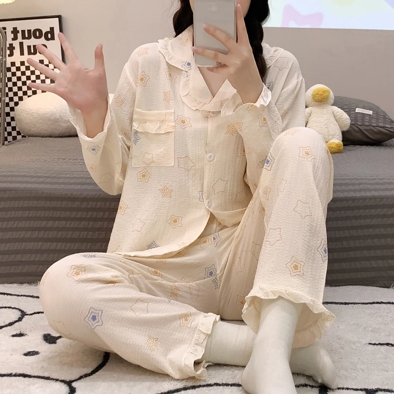 Pajama Sets Women Autumn Single Breasted Retro Korean Style Loungewear Ruffles College Stylish Temperament Sweet Daily Elegant