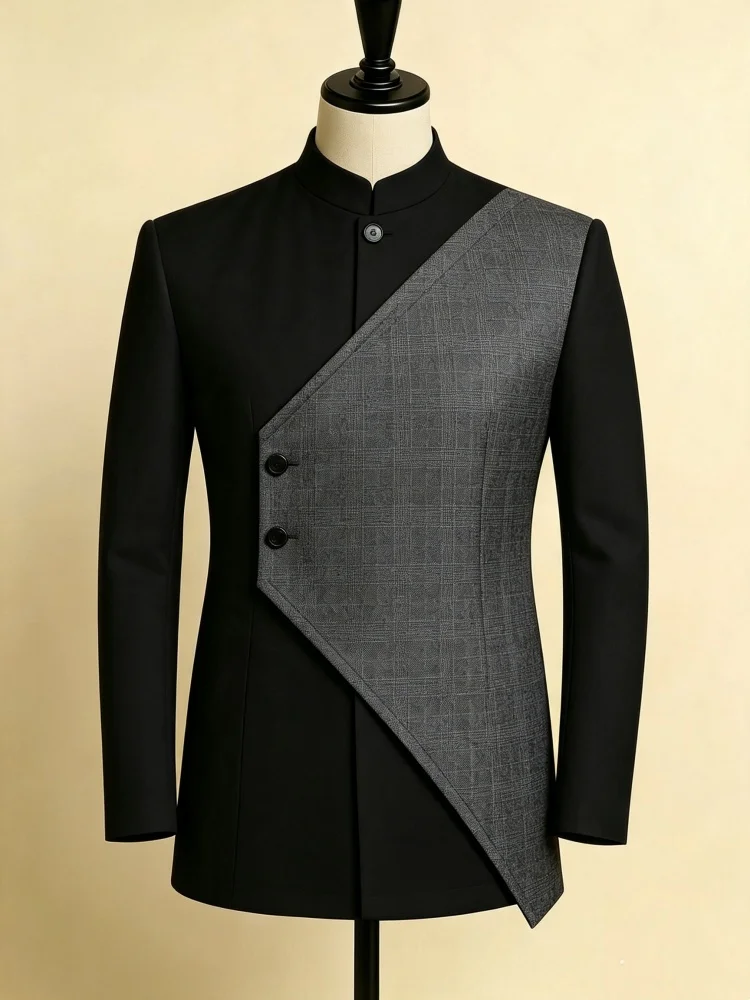 Men Button Single Blazer Slim Fit Textured Grid Patchwork Stand Collar Fashion Business Outer Coat