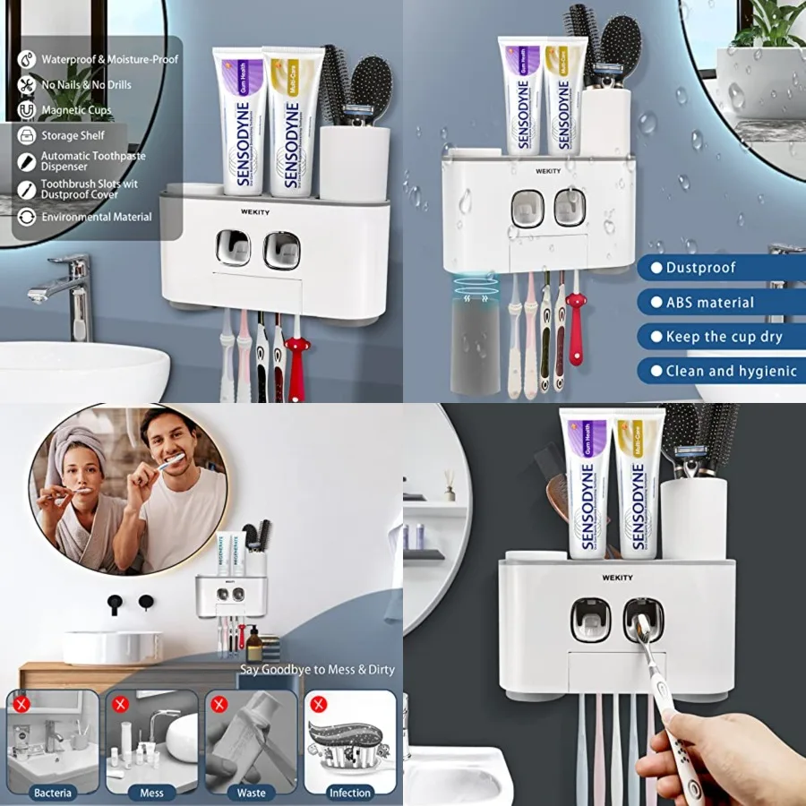 

Toothbrush Holder Wall Mounted, Multi-Functional Toothbrush and Toothpaste Dispenser for Bathroom, with 5 Toothbrush Slots, 2 T
