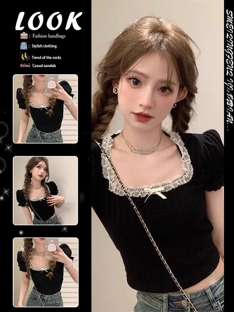 黒の蝶ネクタイ付きスクエアカラー半袖スリムフィットバブルスリーブtシャツレディースサマーデザインピュアデザイアセクシーボディコントップ