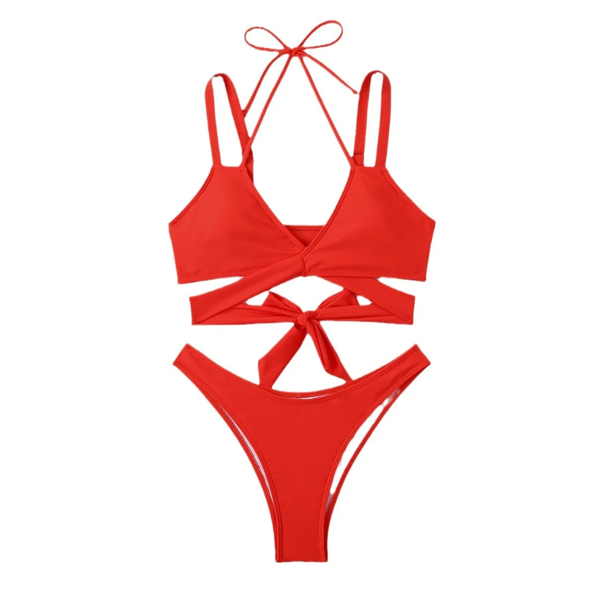 Women Strap Ties Bikini Set 2024 Female Solid Sexy Swimsuit 2 Pieces Sexy Swimwear Beach Outfits Damen Bathing Suit Push Up