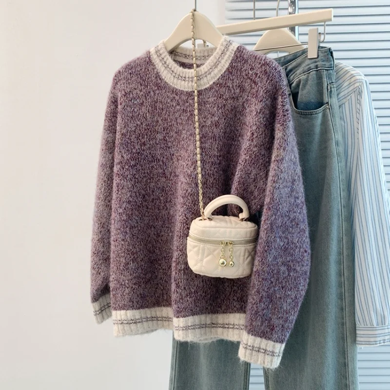 

Winter Autumn New Women Sweater Korean Style Crew Neck Color Block Long Sleeve Knit Pullover Loose Slim Fit Top