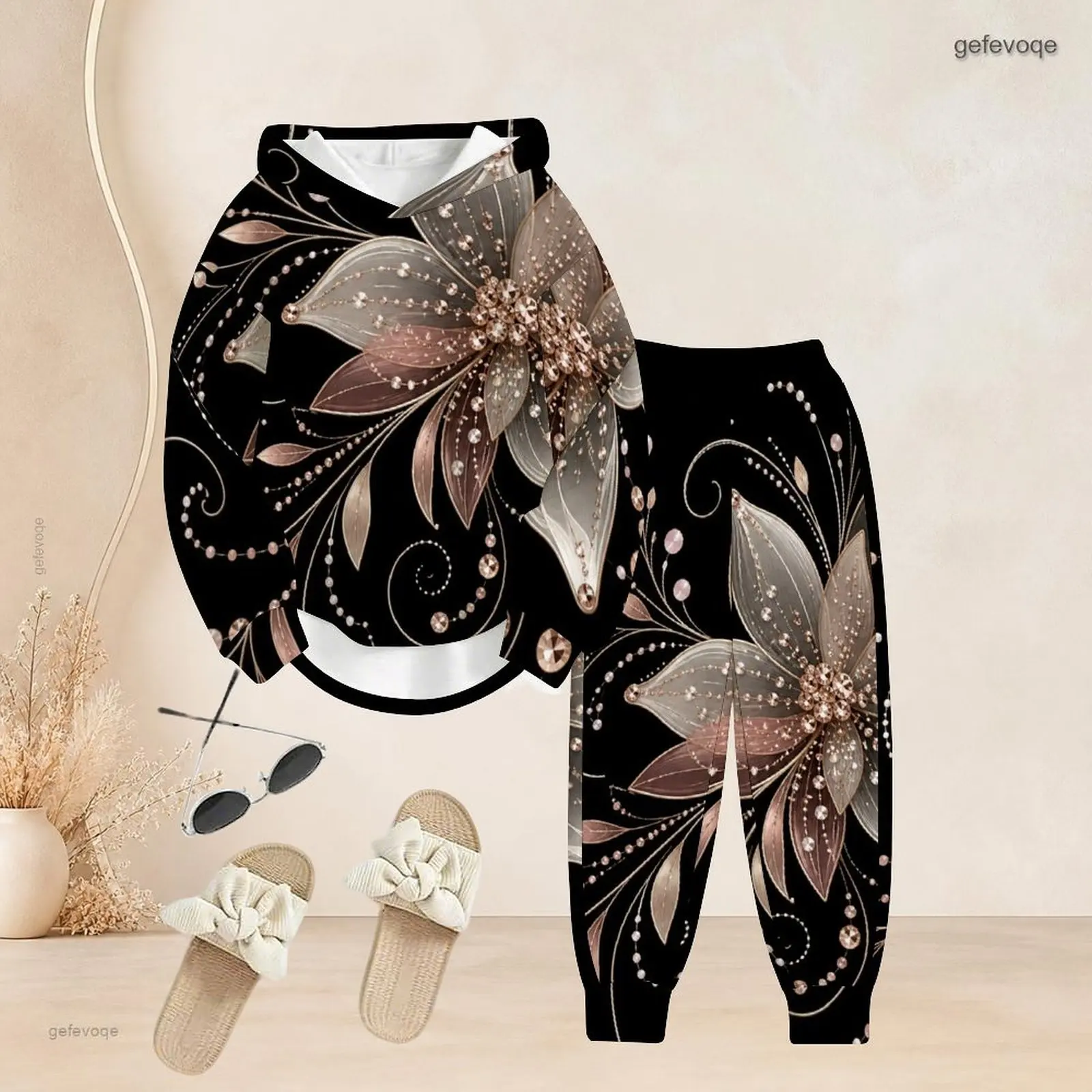 Women Black Metallic Gem Floral Printed Long Sleeve Hoodie and Cuffed Pants Two Piece Set