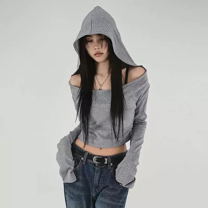 Flare Langarm Mit Kapuze Crop Top Frauen Herbst Einfarbig Elastische Casual Tee Shirt Pullover Pile Kragen Y2k T-shirt