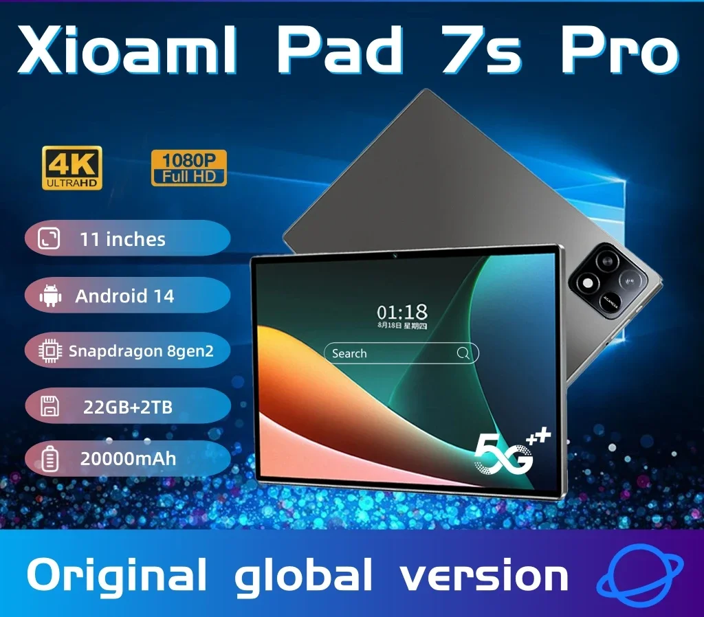 

2025 New Original Global Edition Tablet PC Pad 7S Pro Snapdragon 8 gen2 Android 14 HD 4K 22GB+2T 5G MI Tablet Dual SIM WIFI GPS