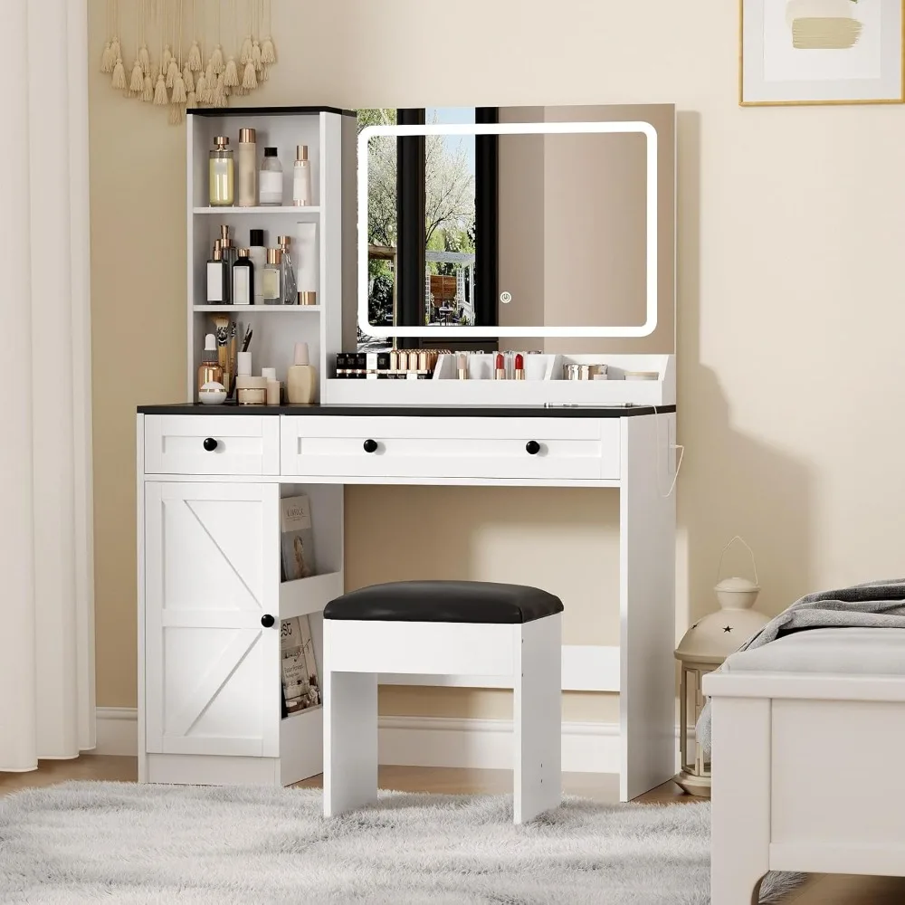 

Makeup Vanity Desk with Lights, Farmhouse Small Vanity Desk with LED-Lit Mirror and Electrical Socket, 3 Lighting Color