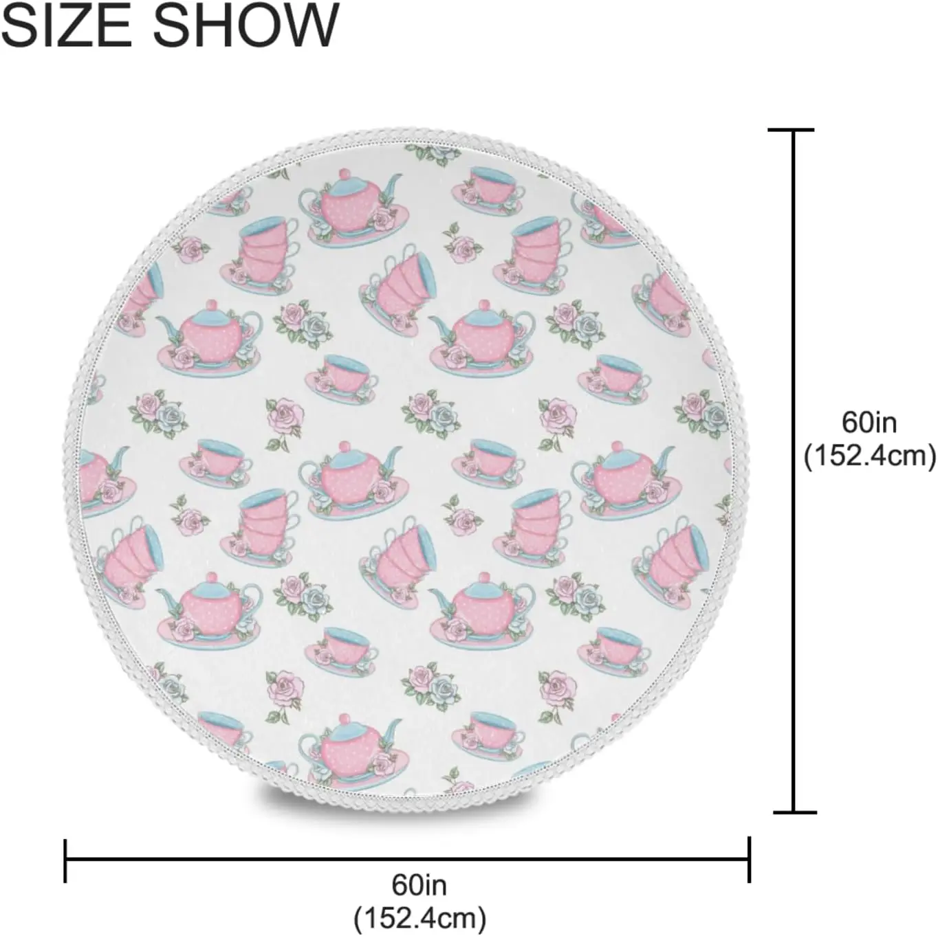 Kitchen Teapot Flowers Round Tablecloth Pink Rose Floral Tablecloths Circular Table Cloths Cover Washable Polyester Tabletop