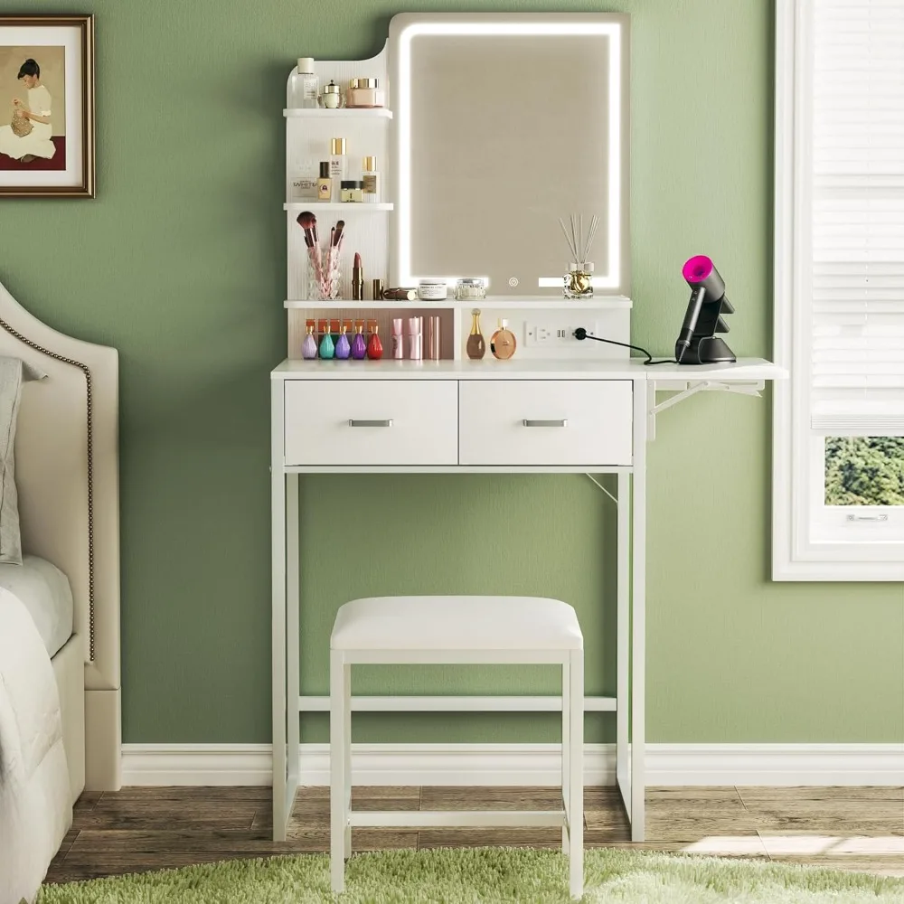 

Makeup Dressing Table with Mirror and Lamp, Dressing Table with Drawers, Chair, White Dressing Table with Electrical Socket