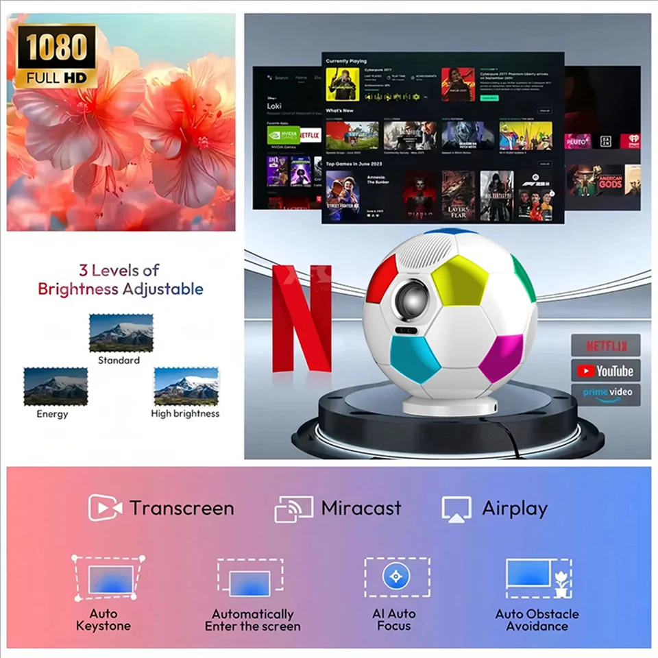 Smart Mini Portable Projector Supports 4K Android 13 HD Video WiFi 6 BT5.4 Native 1080p Home Theater Outdoor Portable Projectors