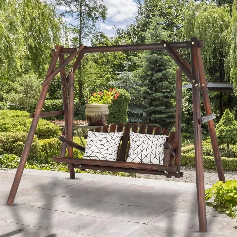 Patio Porch Swing Set, 67in Wood Log Swing Stand with Bench Loveseat Stable A-Frame for Patio Backyard Deck