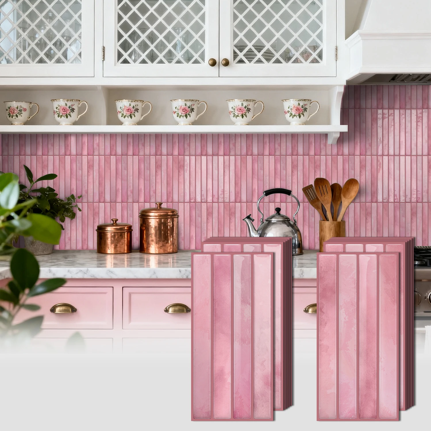 Selbstklebende 3D-Wandfliesen in Pink - wasserdicht, abziehbar und aufklebbar, spritzwassergeschützt, einfach zu installieren, geeignet für Küche/Badezimmer.