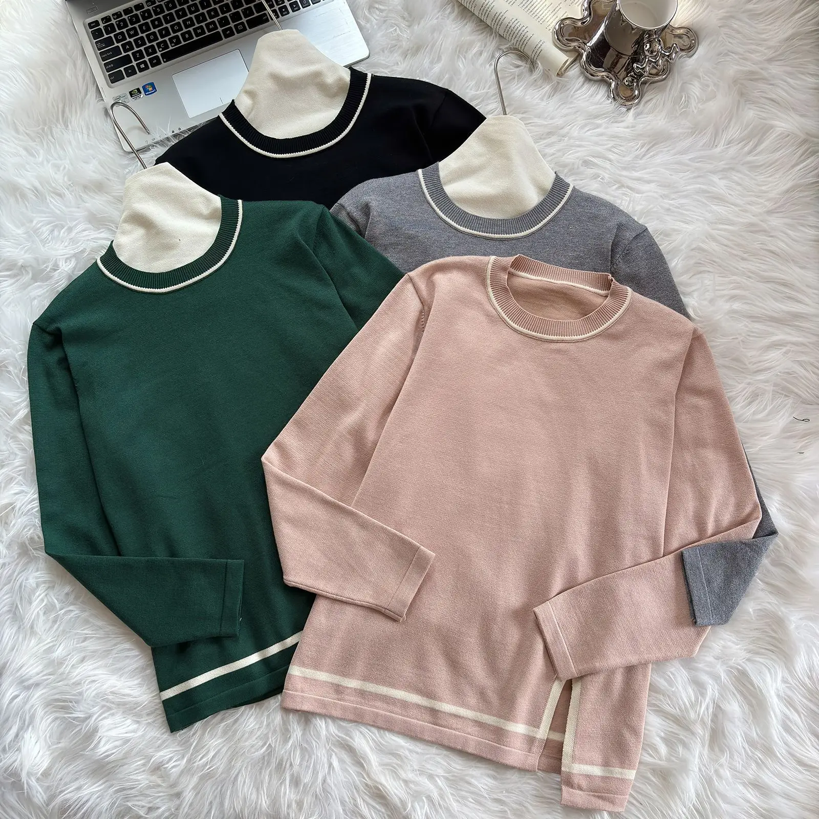 Crewneck Knitted Women pants Suit 2024 Autumn Winter New fashion Split Contrast Color Two-piece Suit Elegant Wear Women Clothing