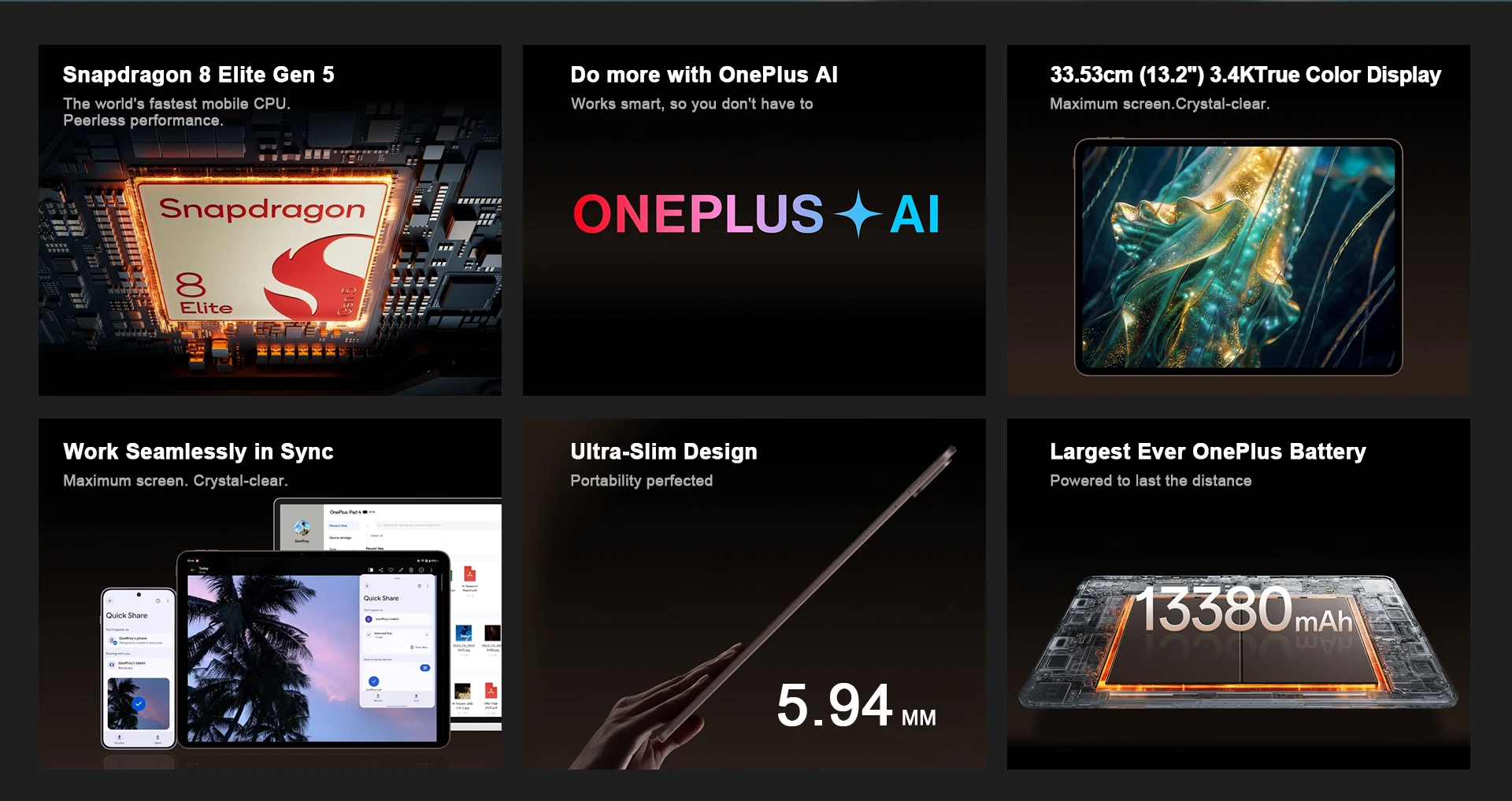 Global Version OnePlus Pad 4 Tablet 13.2" 144Hz 3.4K True Color Display Snapdragon 8 Elite Gen 5 13380mAh Battery Bluetooth 6.0
