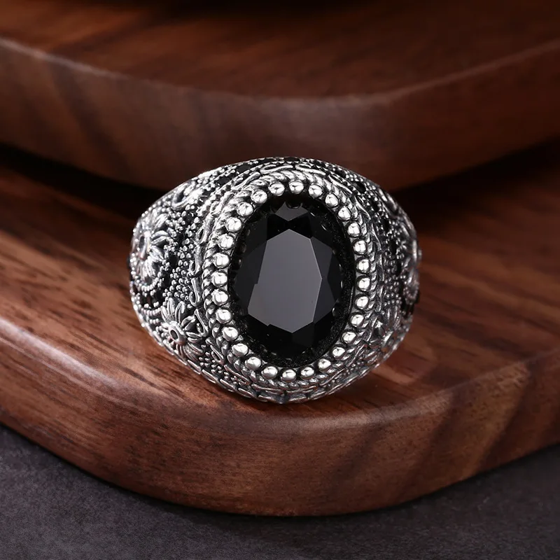 S925 Sterling Silver Open-end Ring Retro Trendy Personality Black Zircon Flower Couple Ring