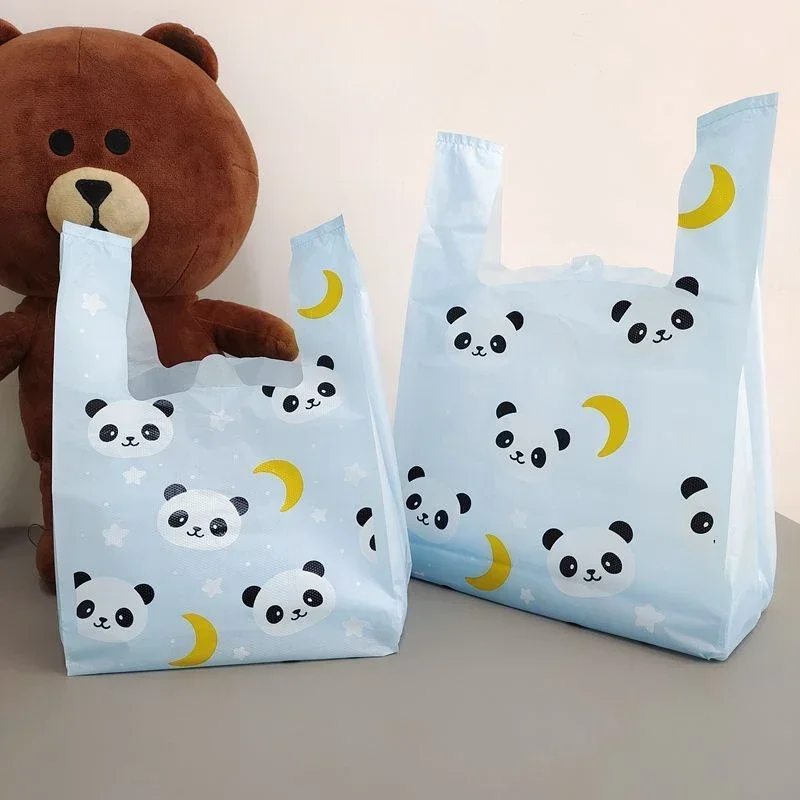 

50pcs Blue Cartoon Patterned Panda Tote Bag Moon Stars Pattern Vest Style Handbag Takeout Packaging and Shopping Plastic Package