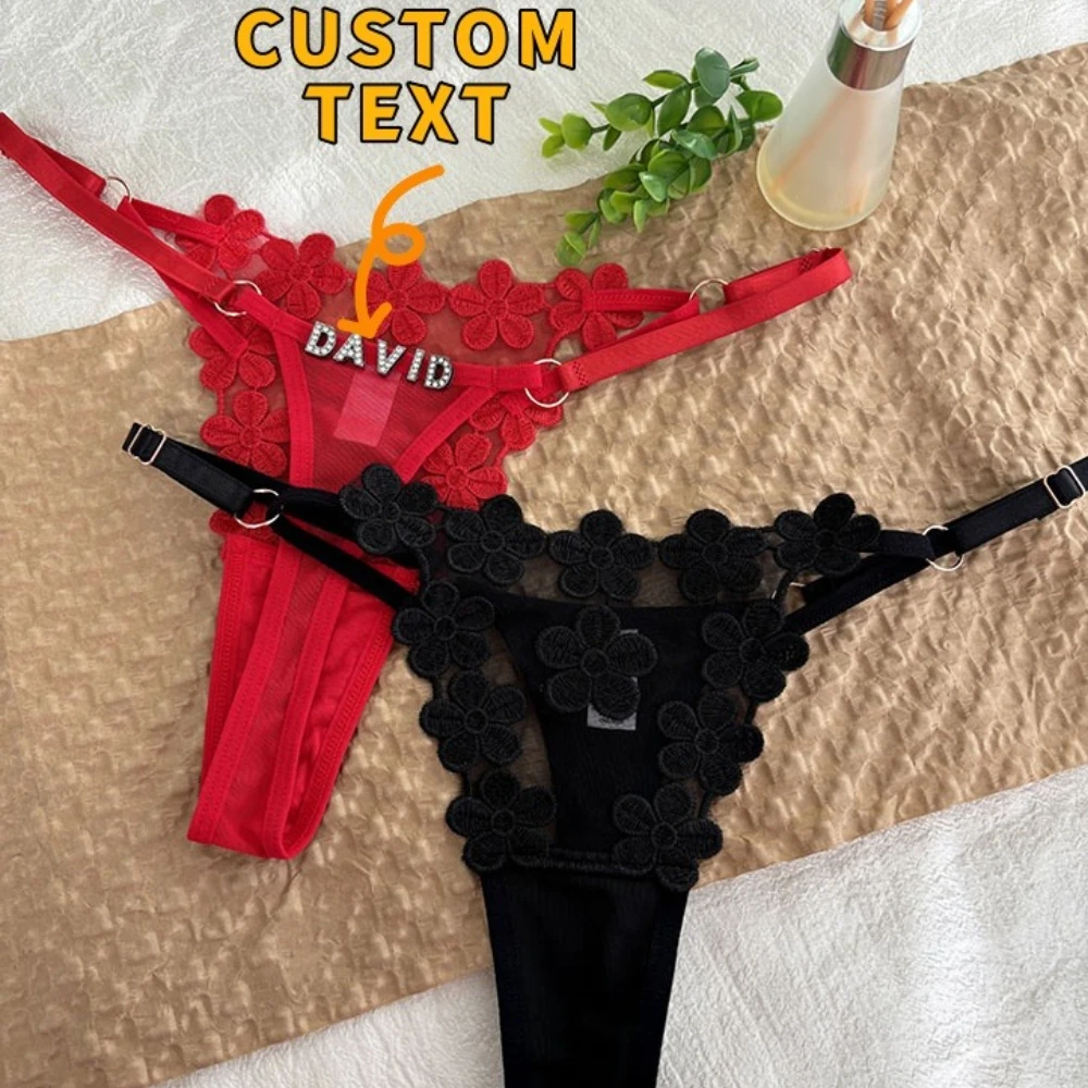 Personality Custom Name Thong Adjustable Waist Belt G-String Sexy Mesh Flowers Panties Low Waist Briefs Girlfriend Wife Gift