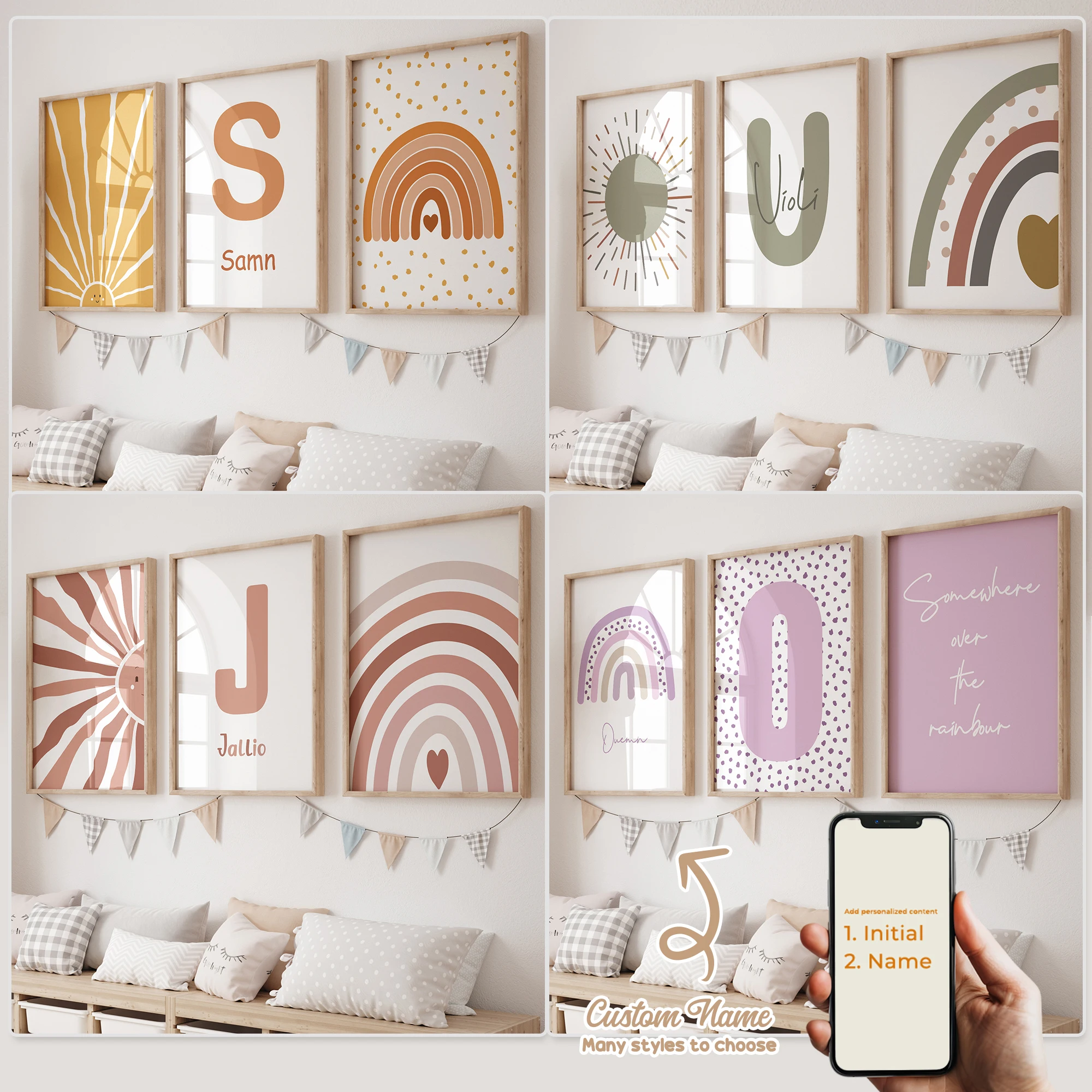 3 قطعة اسم مخصص شخصية الكرتون الشمس قوس قزح جدار الفن طباعة صورة قماش المشارك اللوحة لغرفة المعيشة الطفل ديكور المنزل #1