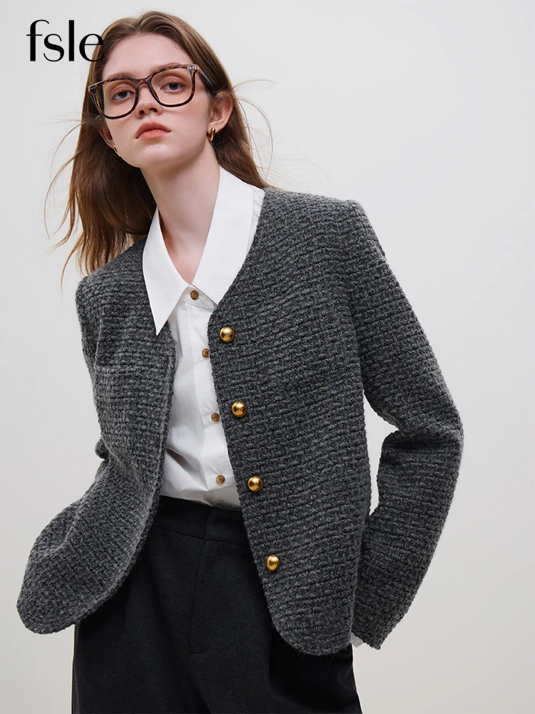 FSLE Office Lady French Style Fragrance Jacket Women\'s Autumn Winter 2023 New Wool Tweed Jacket For Women Grey Casual Coats