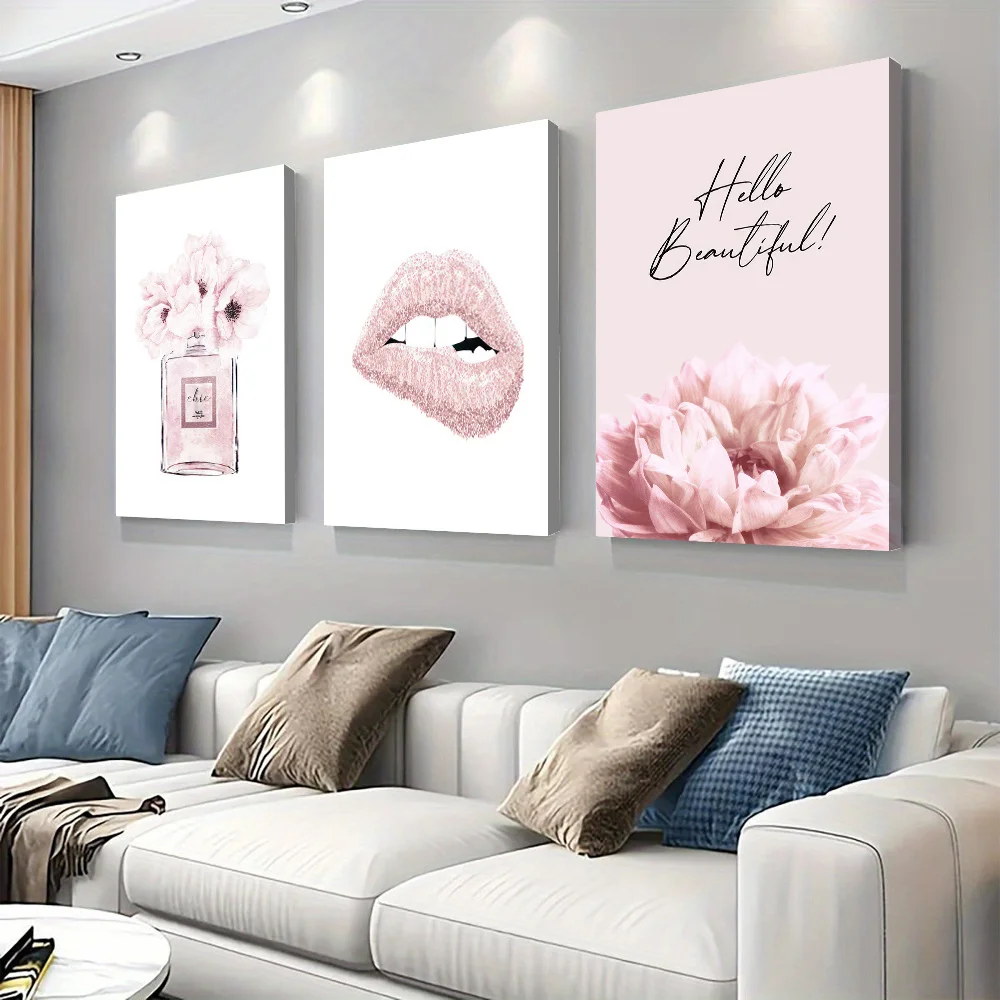 3-teiliges modernes, schlichtes Parfümflaschen-Blumendekorationsgemälde für Wohnzimmer, Schlafzimmer, Veranda, rahmenlose Leinwand, hängendes Gemälde Nord